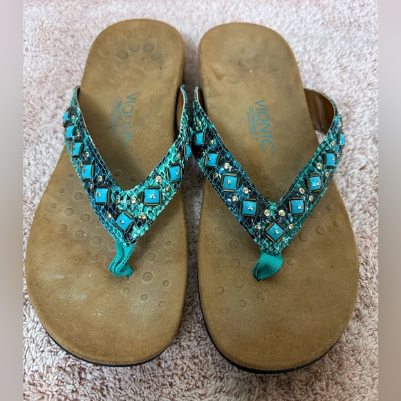 Vionic Floriana Teal Turquoise Snake Beaded Sandals Flip Flops Women’s Size 10 - Picture 3 of 10